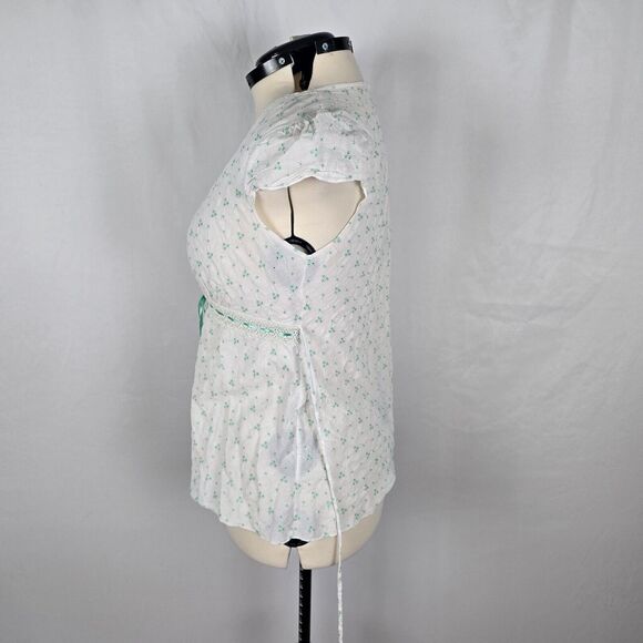 Gemini Blouse Women's XL White Green Floral Embordering Front & Back Ties Wrap - Picture 14 of 16